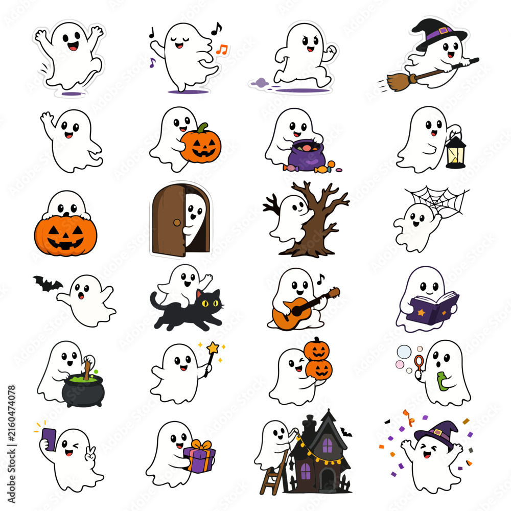 Fototapeta premium Collection of cute halloween ghosts and spooky elements vector illustrations on white background