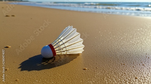 Badminton shuttlecock rests on wet sand at sunny ocean beach. White birdy with red ring lies near blue sea waves. Outdoor sport equipment forgotten after game.