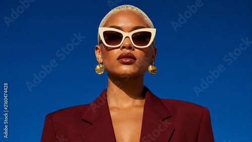 Stylish woman in a burgundy blazer and white sunglasses against a vivid blue sky. Bold fashion portrait for advertising, beauty campaigns, social media and lifestyle branding.