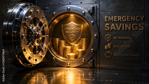 Emergency savings bank vault with gold coins. Financial security shield in open steel safe. Wealth protection and investment concept. isolated on White Background