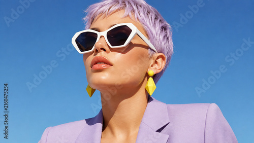 Stylish woman with short purple hair, white sunglasses and lavender blazer against blue sky. Bold fashion portrait for advertising, social media, beauty campaigns and posters.