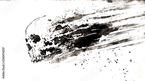 Abstract skull illustration in ink with dynamic brush stroke effect