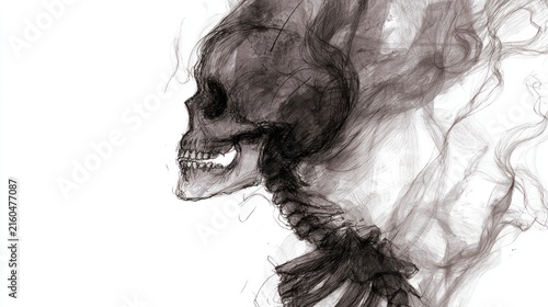 Artistic skull illustration with smoke effect and isolated on white