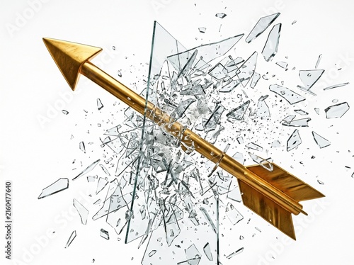 Golden arrow piercing through shattered glass on white background