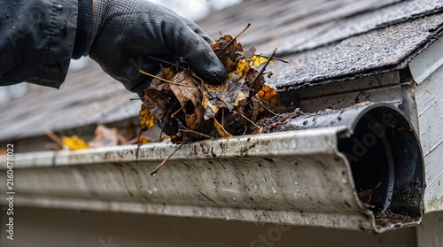 Gloved hand clearing leaves from rain gutter