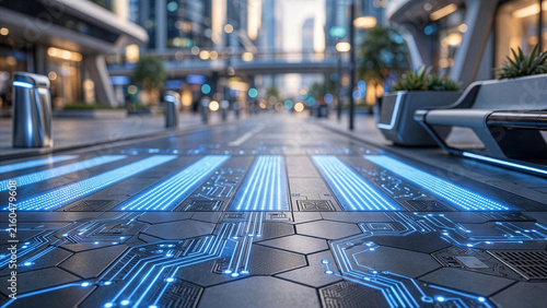 A futuristic smart city crosswalk displaying a glowing blue digital neon circuit pattern on the street pavement for safer pedestrian crossing and modern traffic mobility.