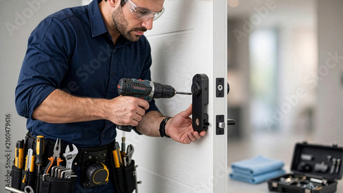 A professional male handyman using an electric drill to install a modern smart digital electronic lock on a white wooden door inside an apartment.