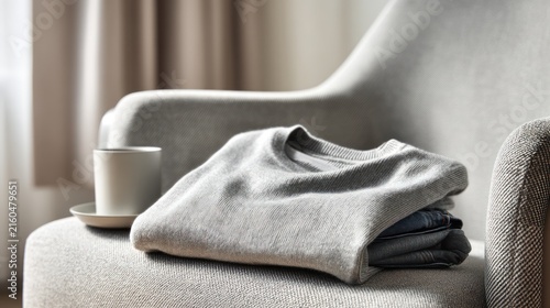 Stacked neutral clothing, coffee cup on chair. Focus on texture, soft tones, and natural light