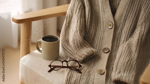 Cozy scene coffee mug, spectacles, and knitted cardigan on a wooden chair