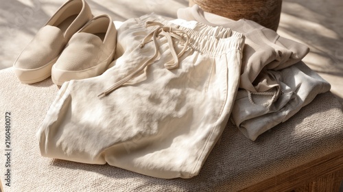 A neutral-toned arrangement casual wear and shoes resting on a textured ottoman in sunlight