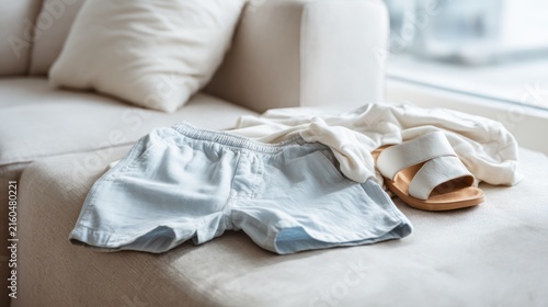 Laid-out light clothing, shorts, and sandals on a neutral-toned sofa near a window