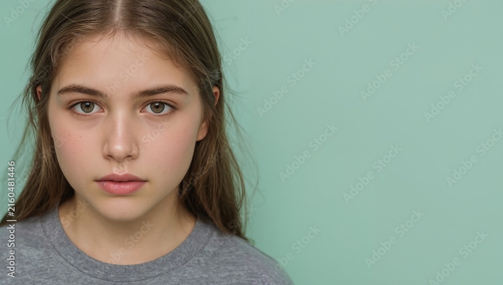 Fototapeta premium Teenage Face With Visible Acne In An Honest Calm Portrait With Copy Space