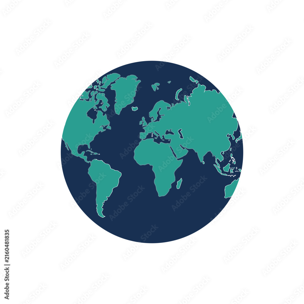 Fototapeta premium Earth globe map showing continents in turquoise against a dark blue ocean background