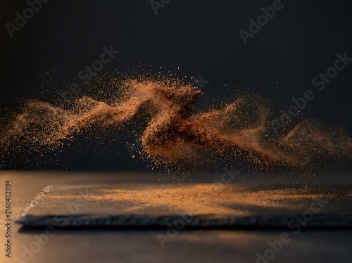 A dynamic cinnamon clash featuring aromatic spice powder suspended mid-air in a dramatic dark culinary shot