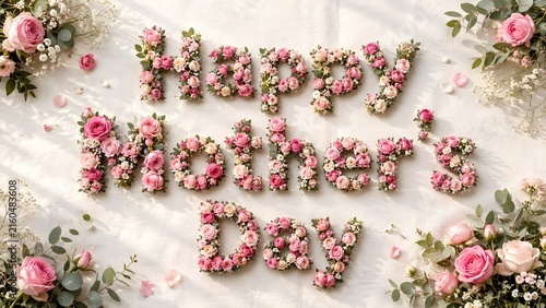 Happy Mothers Day Floral Typography Banner Composed of Fresh Blooms on Linen