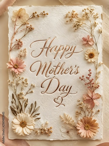 Vertical Happy Mothers Day Card Template with Embossed Rose Gold Foil on Cotton Paper