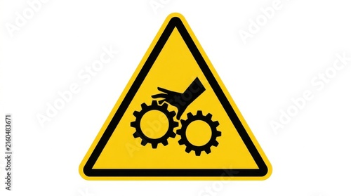 Warning sign depicting a hand near rotating gears on a yellow background hazard caution danger cogs machinery industrial equipment