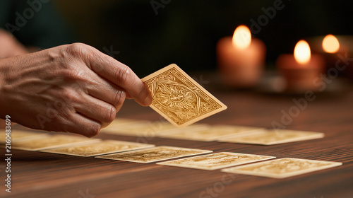 Close-up of hands selecting one face-down tarot card from a carefully arranged spread, intuition, destiny, fortune telling, spiritual guidance, divination, dramatic candlelight,