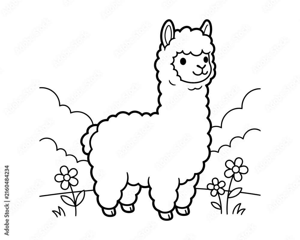 Naklejka premium Charming llama illustration with flowers and clouds in a simple black and white style