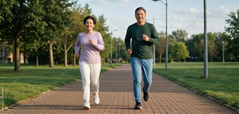 Obraz premium Joyful senior couple jogging together on a park path, embodying an active aging and healthy lifestyle.