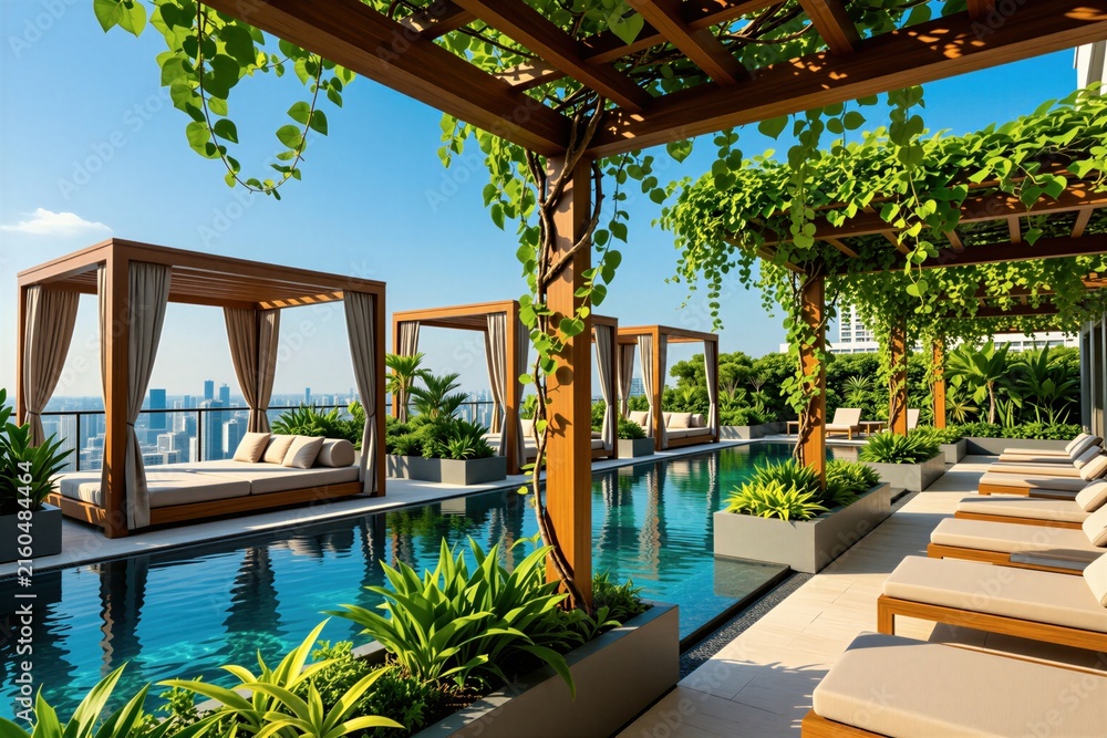 Fototapeta premium Rooftop infinity pool with cabanas and city view. Lush plants provide shade and privacy. Loungers await for ultimate relaxation. This is a luxurious urban oasis.
