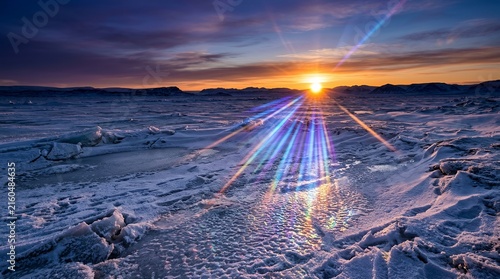 Sunset reflection on arctic ice in frozen winter landscape.