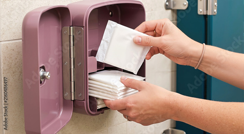 Hands refilling muted plum wall dispenser with white wrapped feminine hygiene products in public restroom stall. Sanitary pad station maintenance and health amenities in school environment