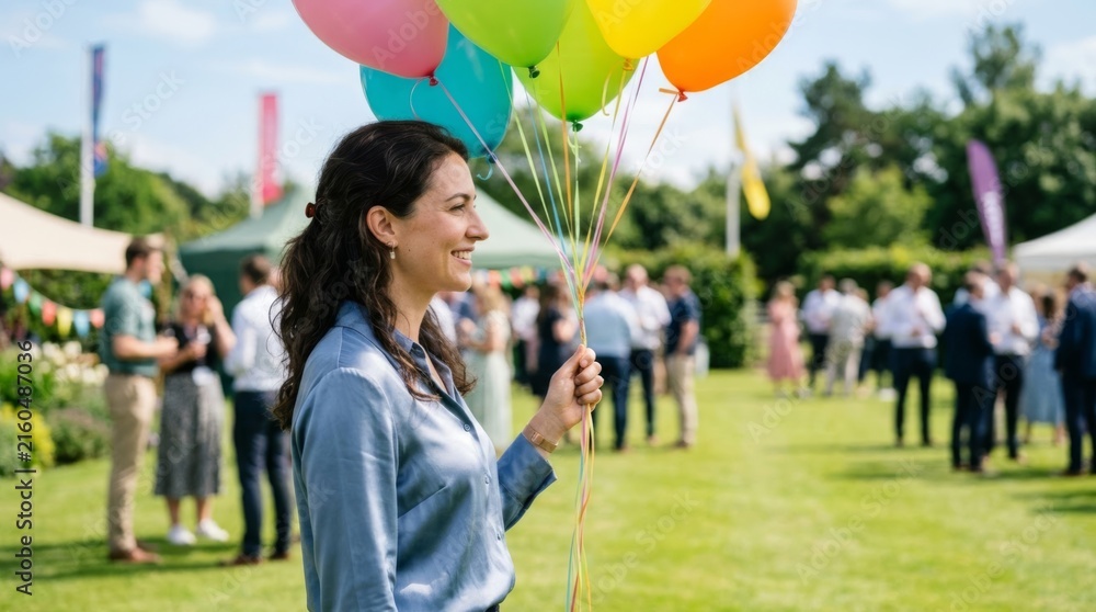 Fototapeta premium Woman holding colorful balloons at outdoor event, profile view smiling in sunlight, festive corporate celebration