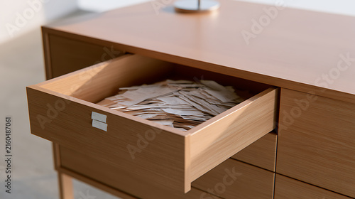 Open wooden dresser drawer reveal a stack of various paper pieces, showing disorganization and cluttered storage