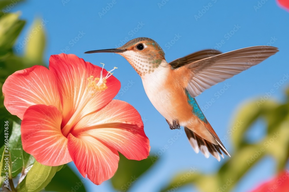 Naklejka premium Hummingbird hovering mid air sipping nectar from vivid red flower against blue sky