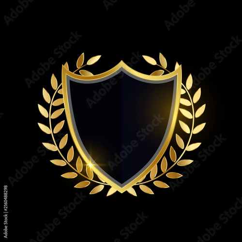Gold shield and laurel wreath emblem on black background with background metallic protection security champion achievement