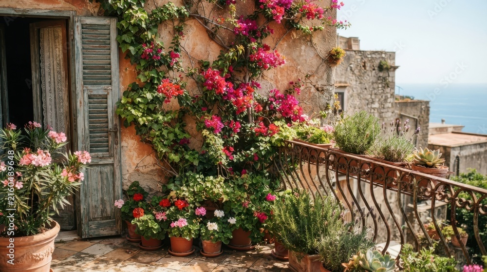 Fototapeta premium Mediterranean balcony with blooming flowers and sea view