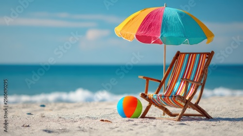 A bright beach scene displays vacation essentials including a striped beach chair under an umbrella, a colorful beach ball