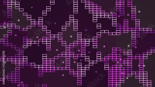 Abstract digital background with glowing purple pixel grid and geometric network patterns