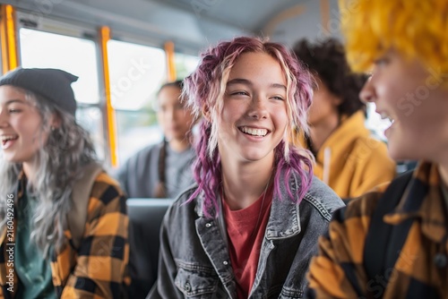 Diverse group teenagers laughing together during school bus ride. High school students socializing, commuting, traveling. Youth friendship, happy teen lifestyle, public transportation