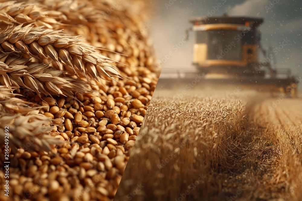 Obraz premium Combine harvester harvesting ripe golden wheat field next to detailed pile of harvested cereal grain seeds and mature crop ears. Agricultural industry harvest season
