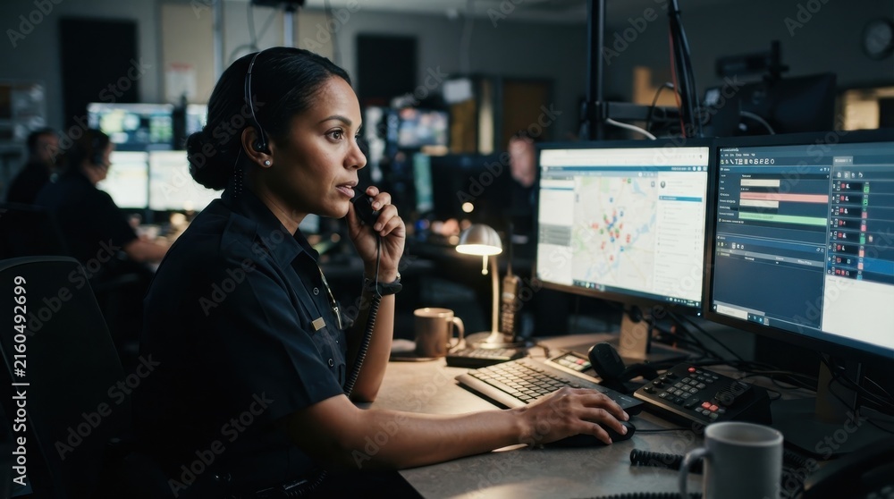 Naklejka premium Female dispatcher working in emergency call center