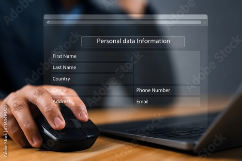Personal data information management. Digital online employee form. Human resource concept. Businessman filling out a form with personal data online.