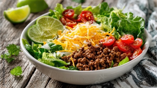 A colorful taco salad filled with ground beef, lettuce, tomatoes, cheese, and lime wedges in a white bowl