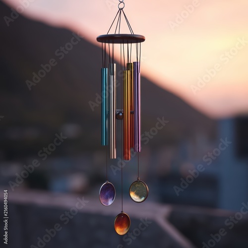 A colorful wind chime hangs in the soft light of dawn or dusk