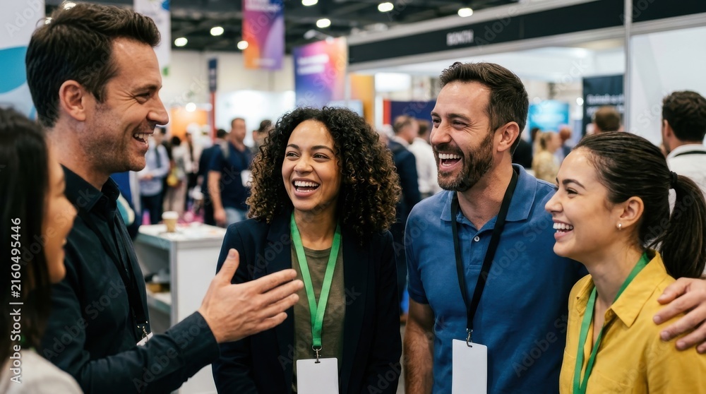 Obraz premium Business people laughing and talking at trade show convention