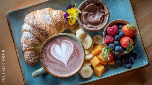 French breakfast spread with croissant latte and mixed berries on blue plate.