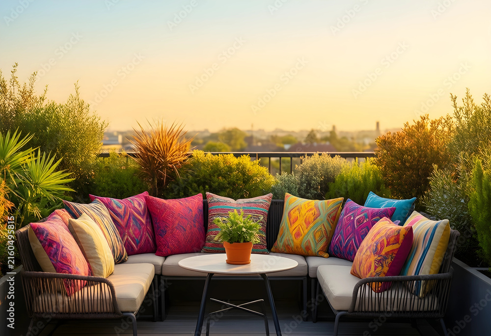 Fototapeta premium Rooftop terrace lifestyle and outdoor living, urban oasis with comfortable seating and colorful cushions at sunset