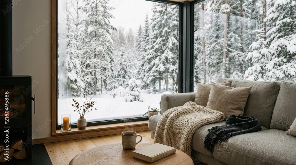 Fototapeta premium Cozy living room interior with fireplace and panoramic window view of snowy forest