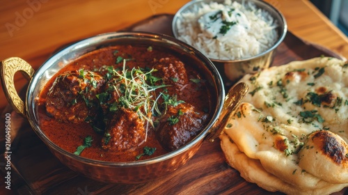 Rich chicken curry in traditional copper bowl with butter naan and fragrant rice.
