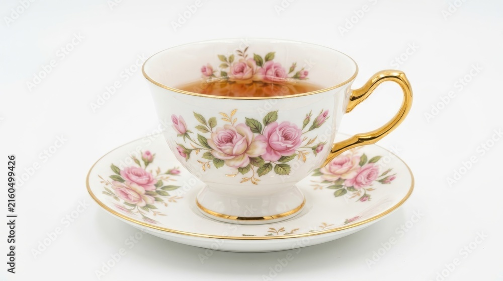 Fototapeta premium Elegant porcelain teacup and saucer with pink rose floral pattern and gold trim