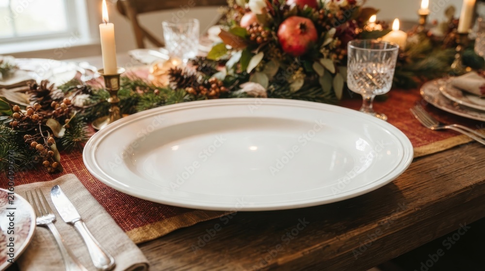 Fototapeta premium Festive holiday table setting with centerpiece and candles