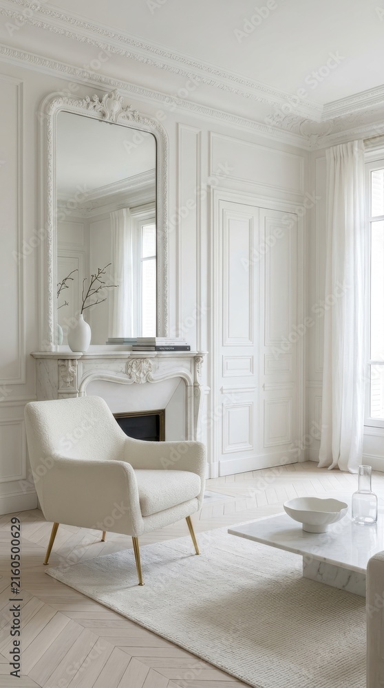 Fototapeta premium Elegant white modern living room interior with classic fireplace and armchair