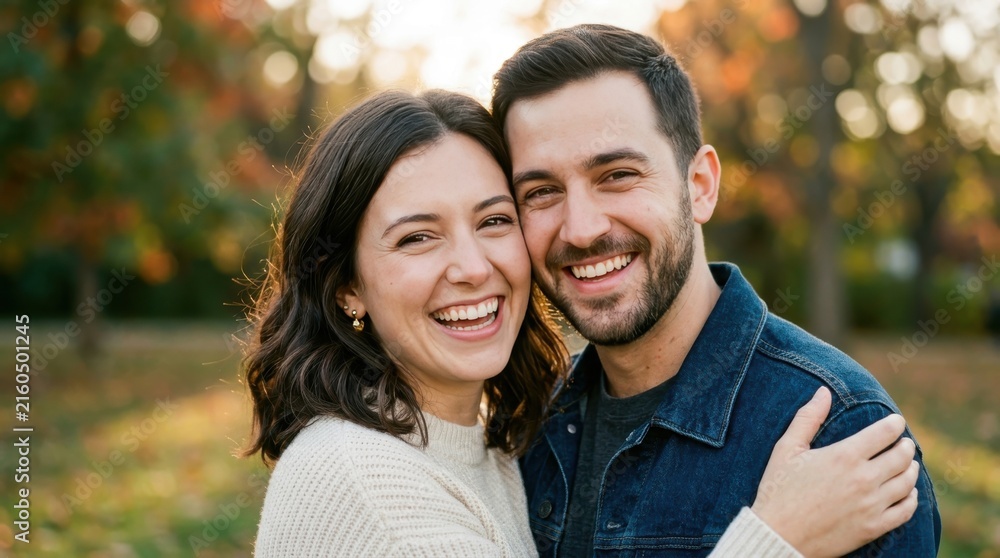 Fototapeta premium Happy couple smiling outdoors in park during autumn