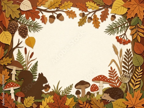 Rustic autumn forest border with mushrooms, leaves, and pinecones surrounding an empty white space.